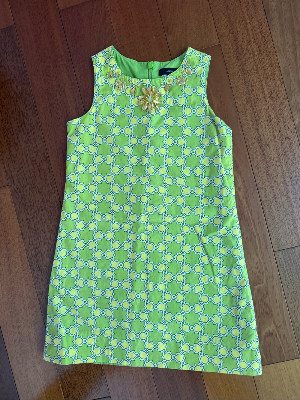 Lands' End Neon Lime Floral Shift Dress with Applique